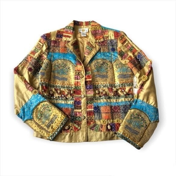 Sandy Starkman Boho Jacket Woven Silk Patchwork Embroidery Sequin Granny 90s S - Picture 4 of 16